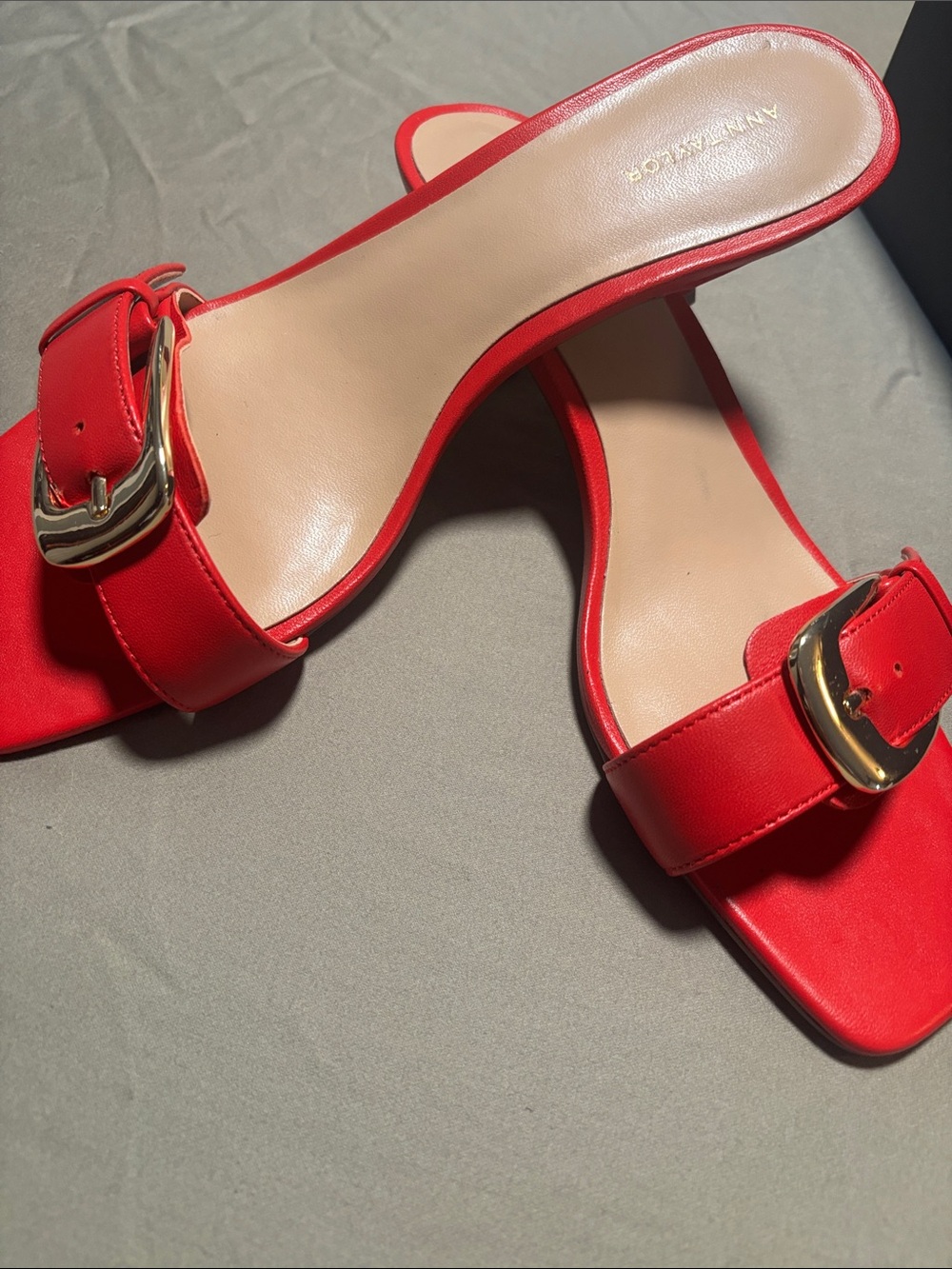 Ann Taylor Red Slide Mules with Gold Buckle